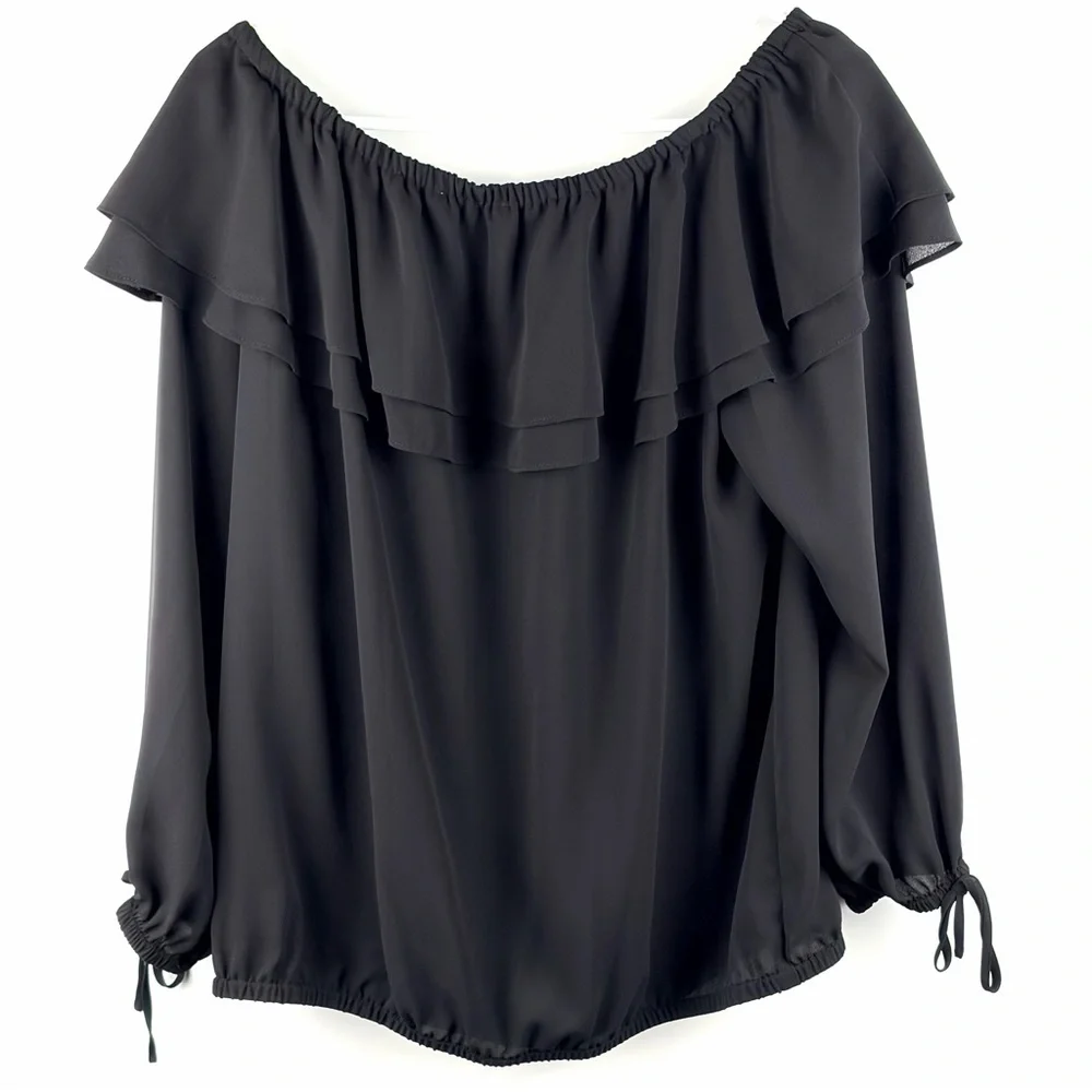 Michael Kors Black Off Shoulder Ruffle Blouse Boho Peasant Top L